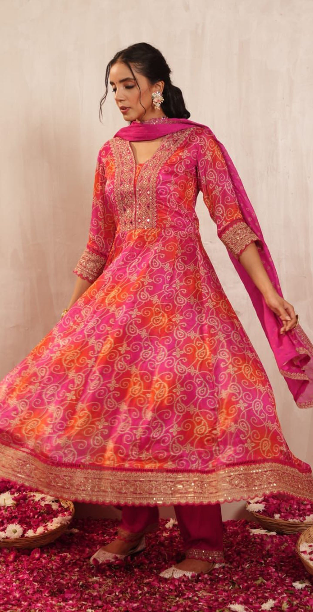 Orange and pink Chinon printed and embroidered semi anarkali set