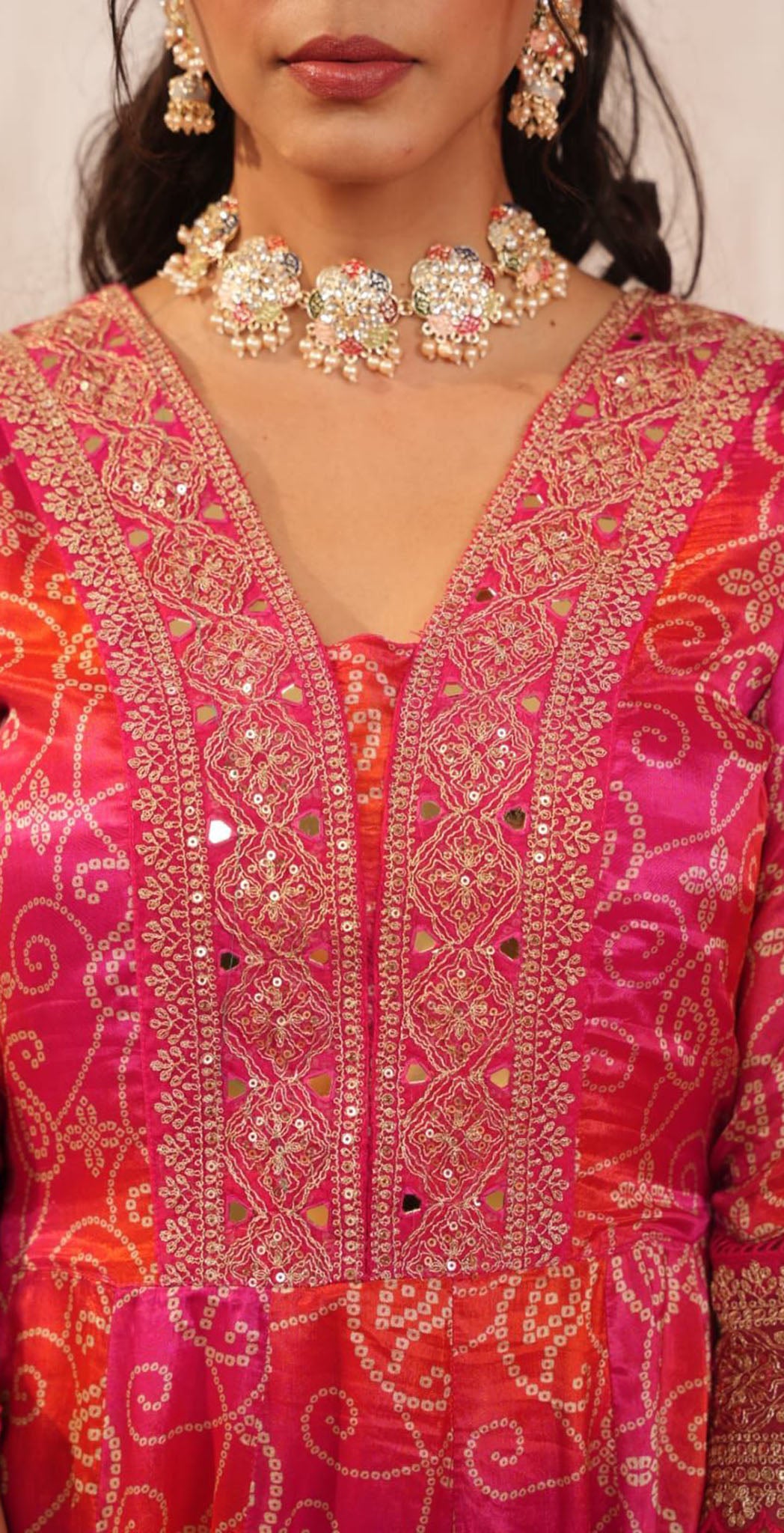 Orange and pink Chinon printed and embroidered semi anarkali set