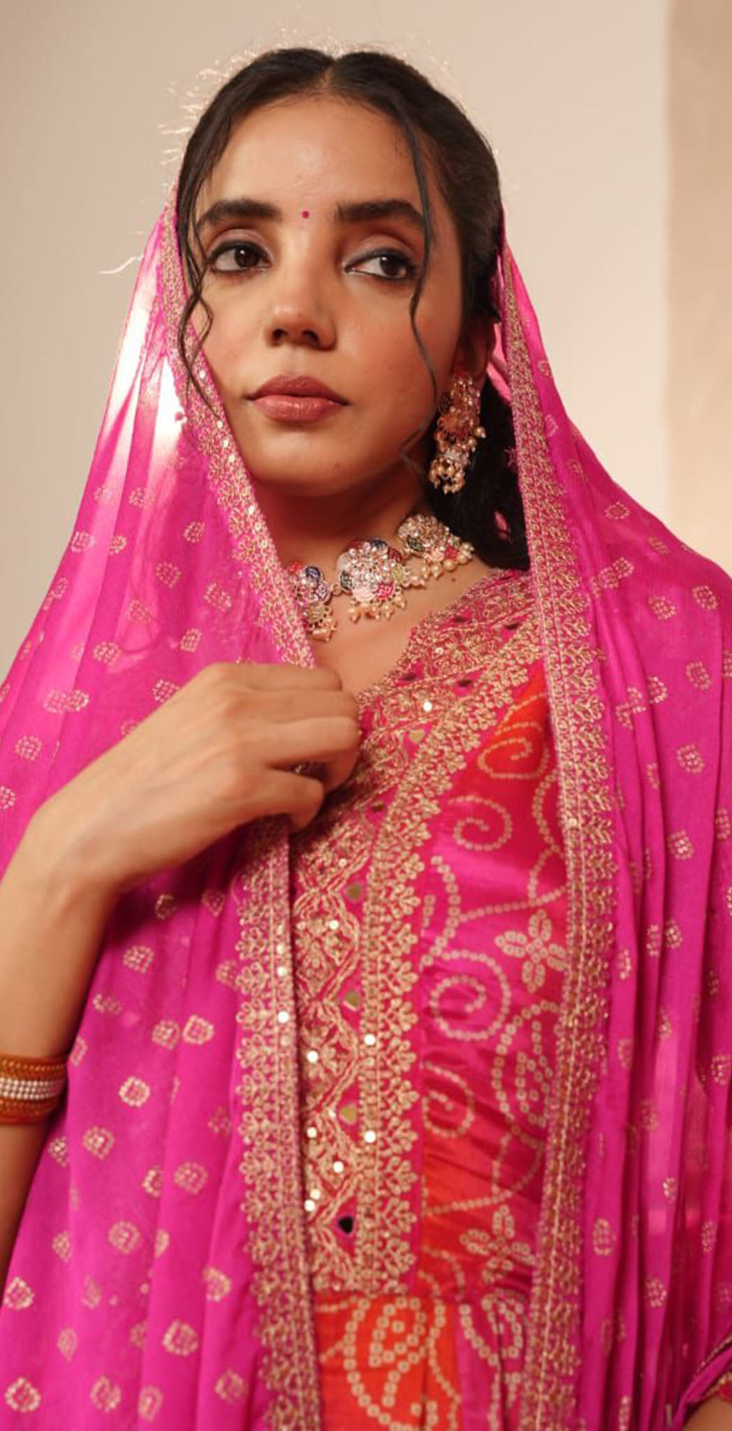 Orange and pink Chinon printed and embroidered semi anarkali set