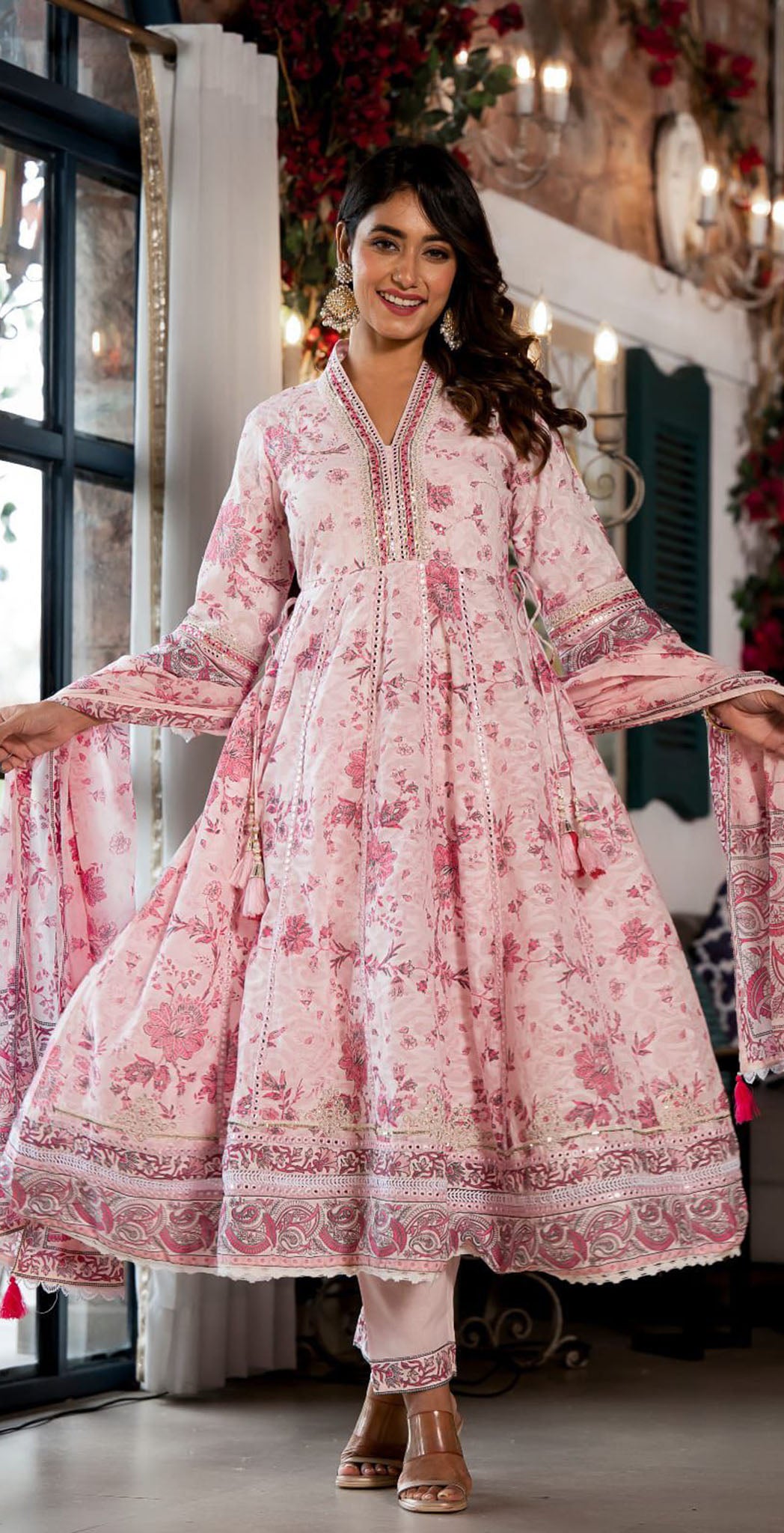 Light pink cotton printed and embroidered anarkali set