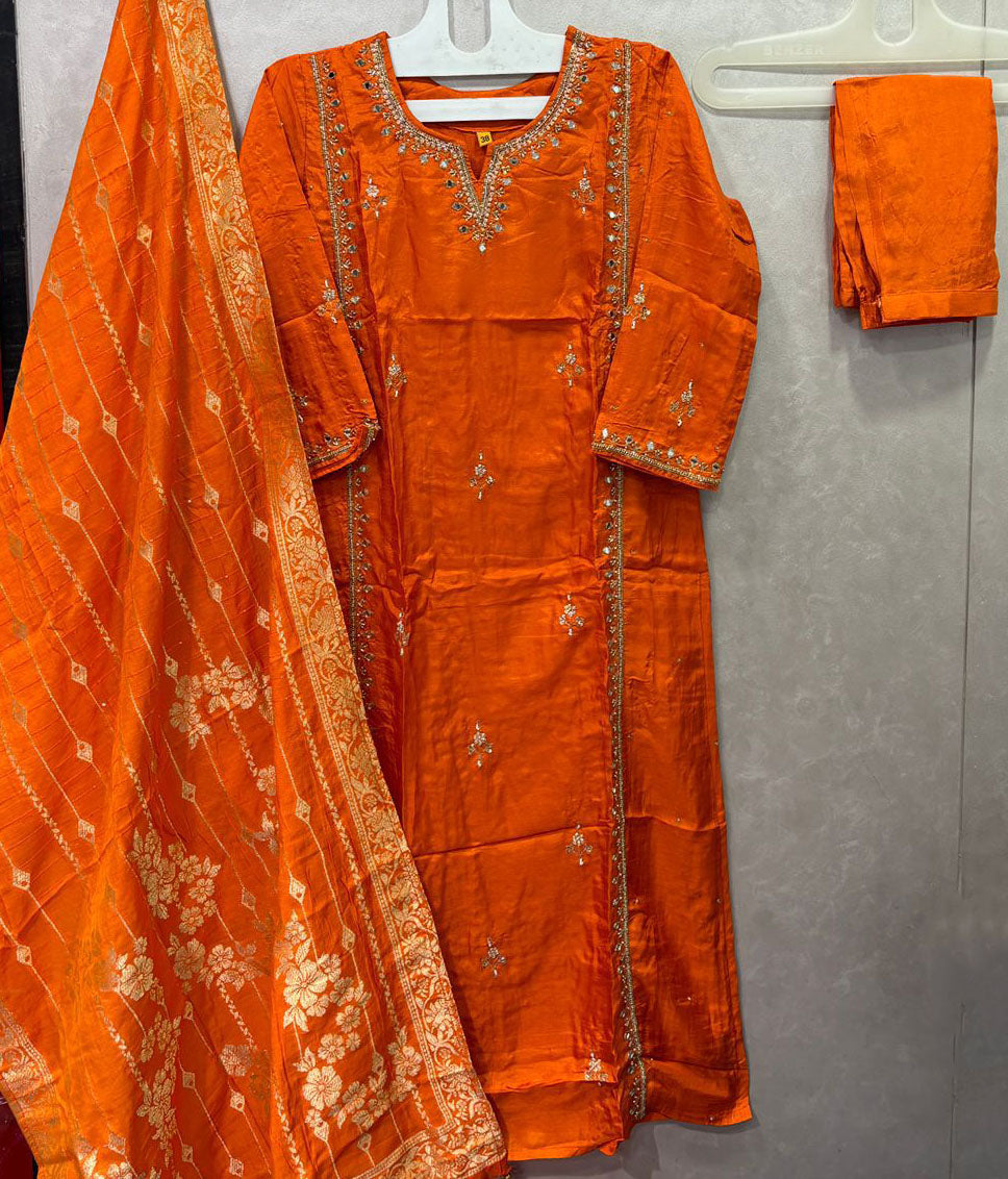 Orange dola silk hand embroidered salwar set