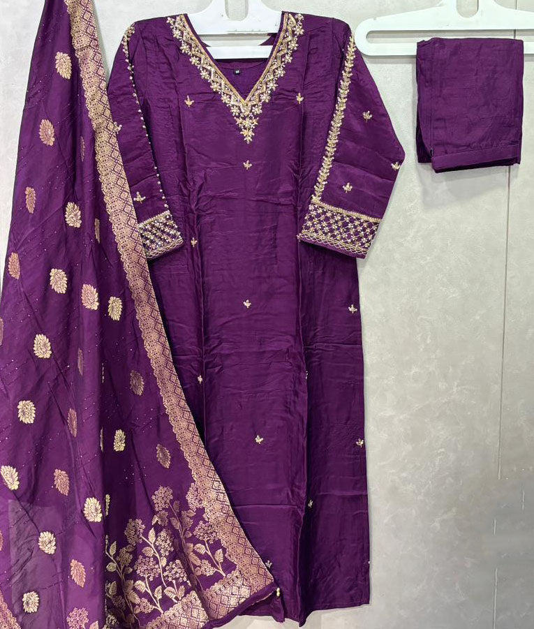 Purple dola silk hand embroidered salwar set 2