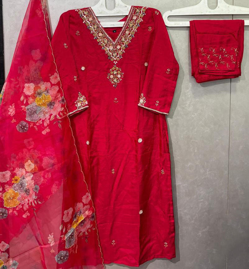 Rani pink dola silk hand embroidered salwar set