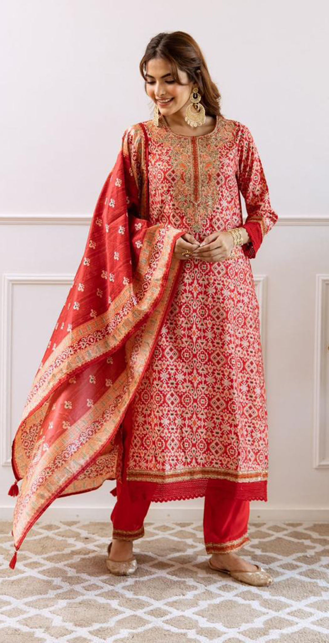 Red muslin printed and embroidered salwar set