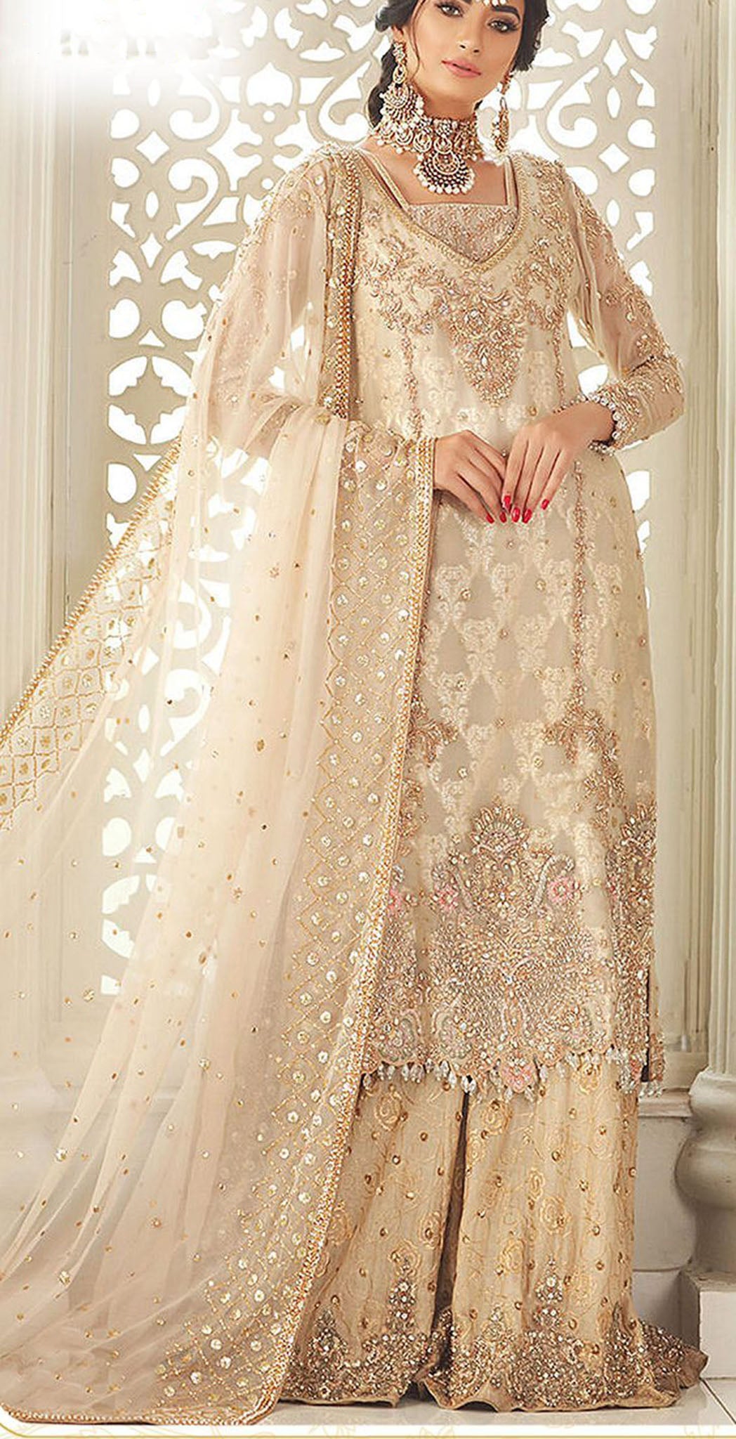 Off white georgette embroidered dress material