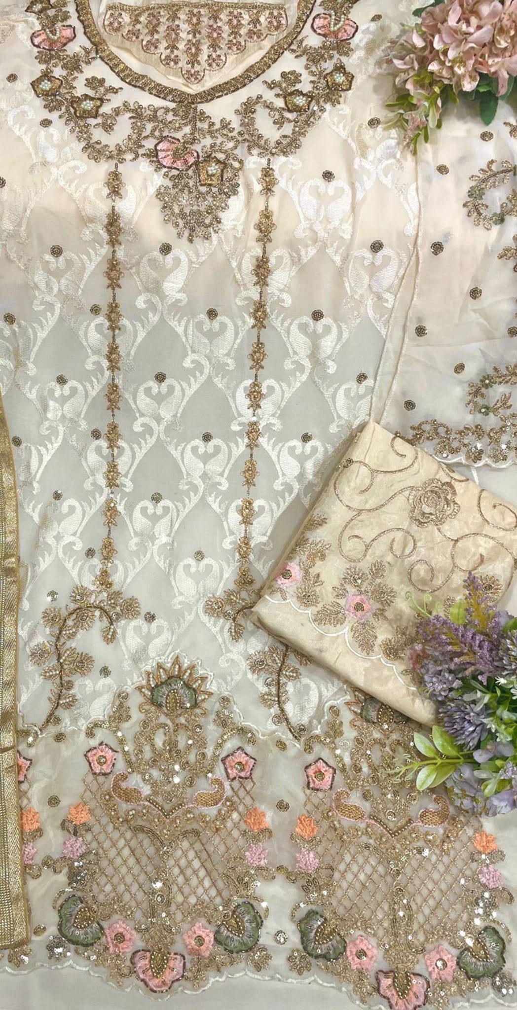 Off white georgette embroidered dress material