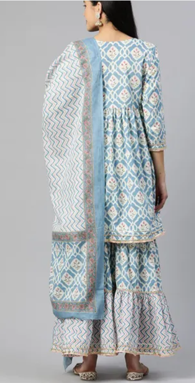 Women printed blue and white cotton fully stitched sharara