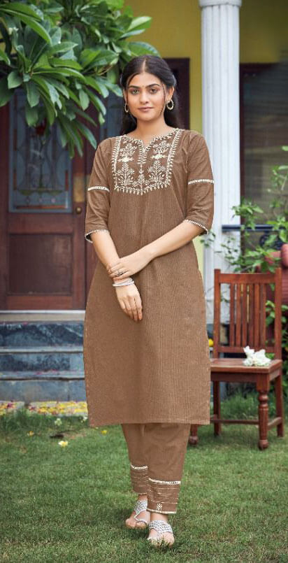 Mustard yellow cotton stripe lucknowi kadi embroidery ready to wear salwar set