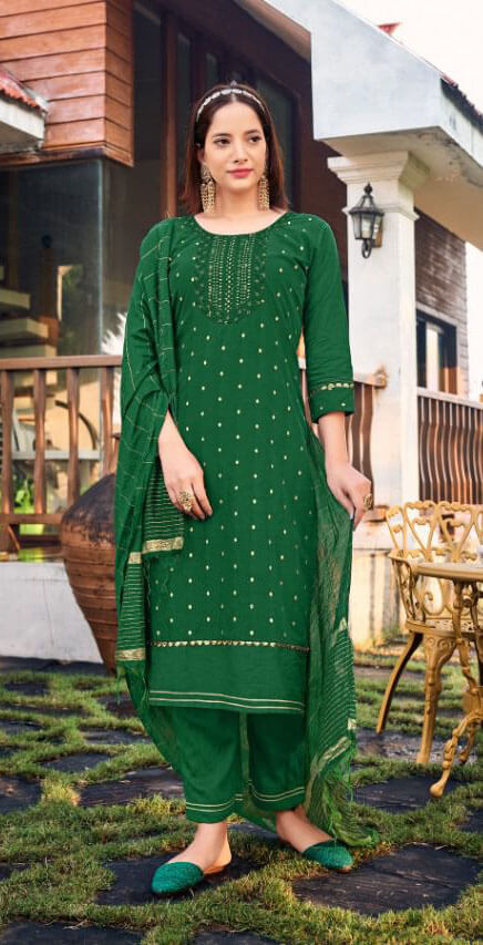 Women viscose chanderi with jacquard butti & embroidery ready to wear salwar set