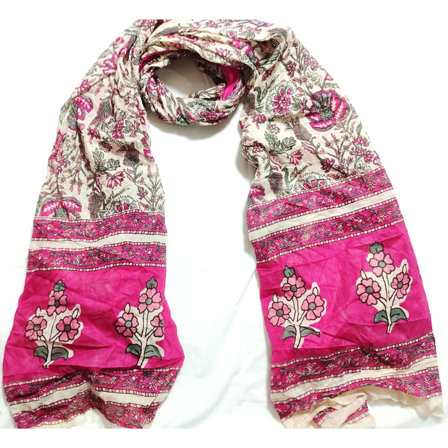 OFF WHITE AND PINK COTTON BIG FLOWER PRINT DUPATTA