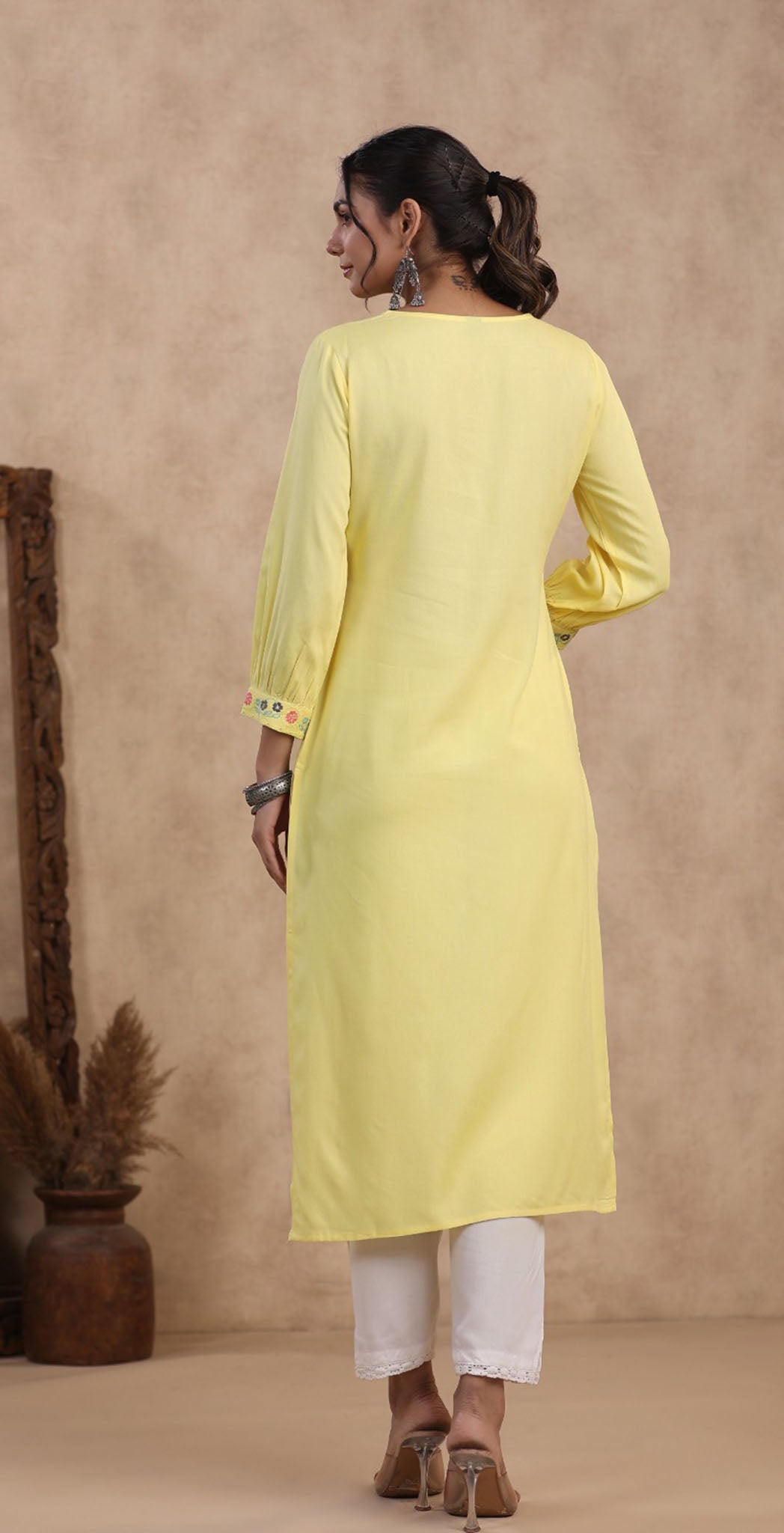 Yellow rayon embroidered Kurta