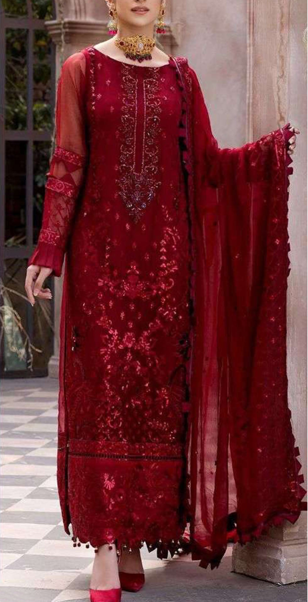 Maroon georgette embroidered dress material 1