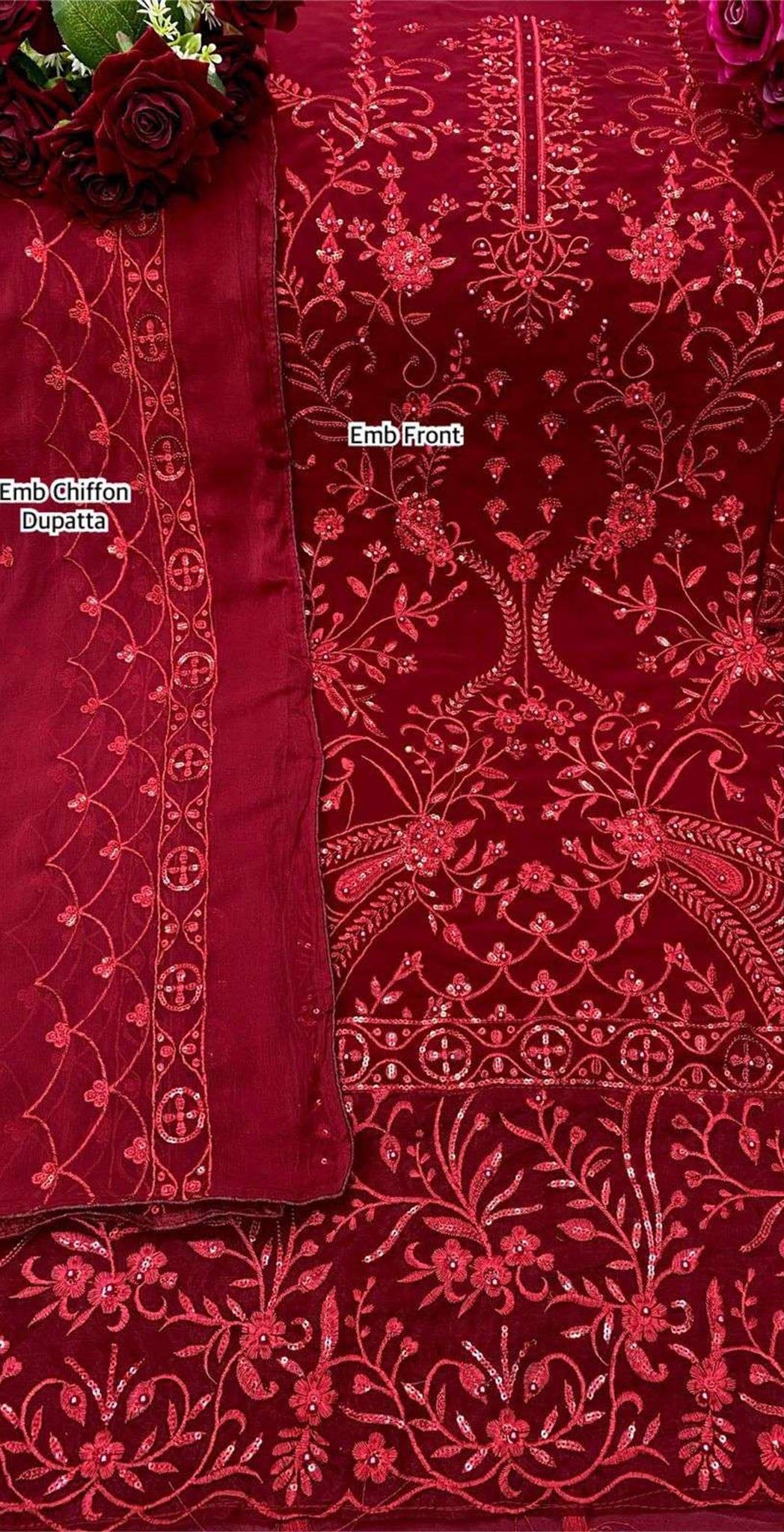 Maroon georgette embroidered dress material 1