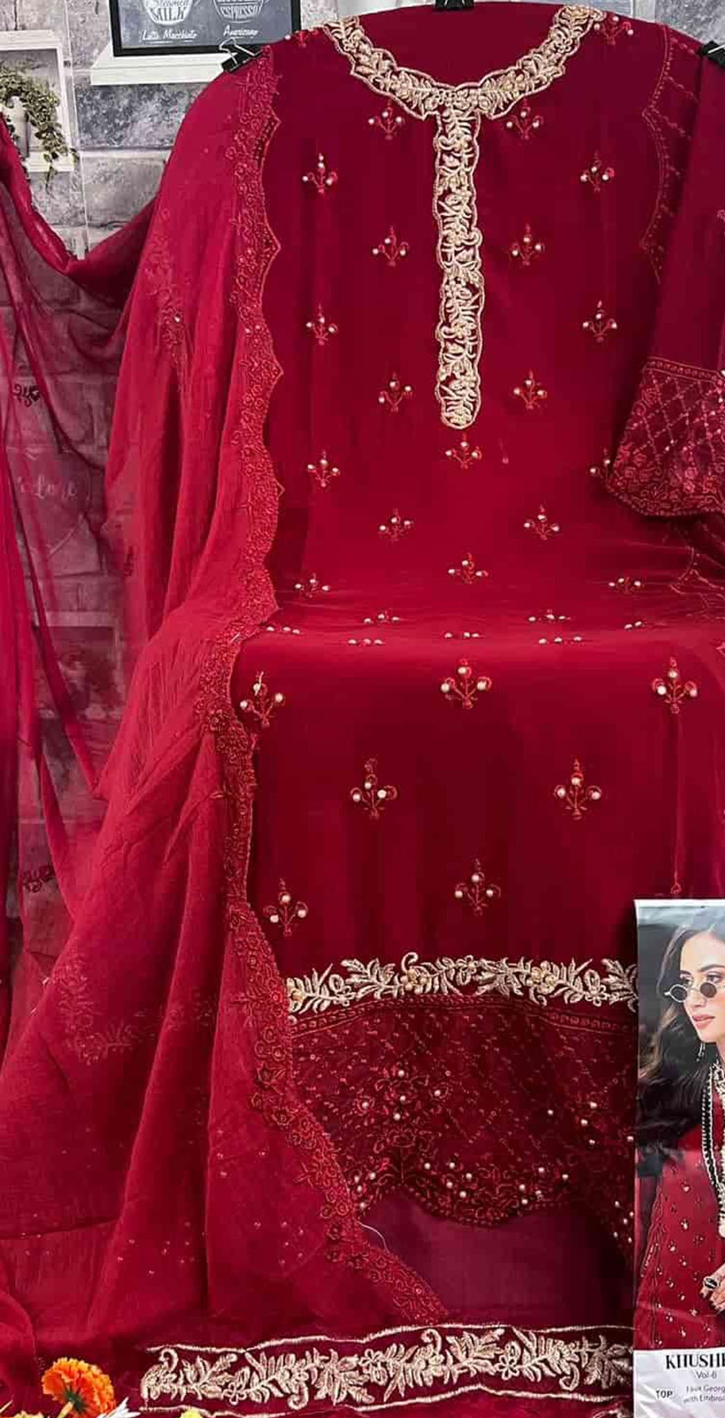 Maroon georgette embroidered dress material 3