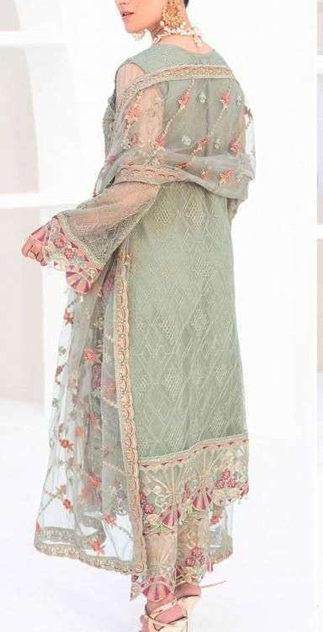 Pista green georgette embroidered dress material