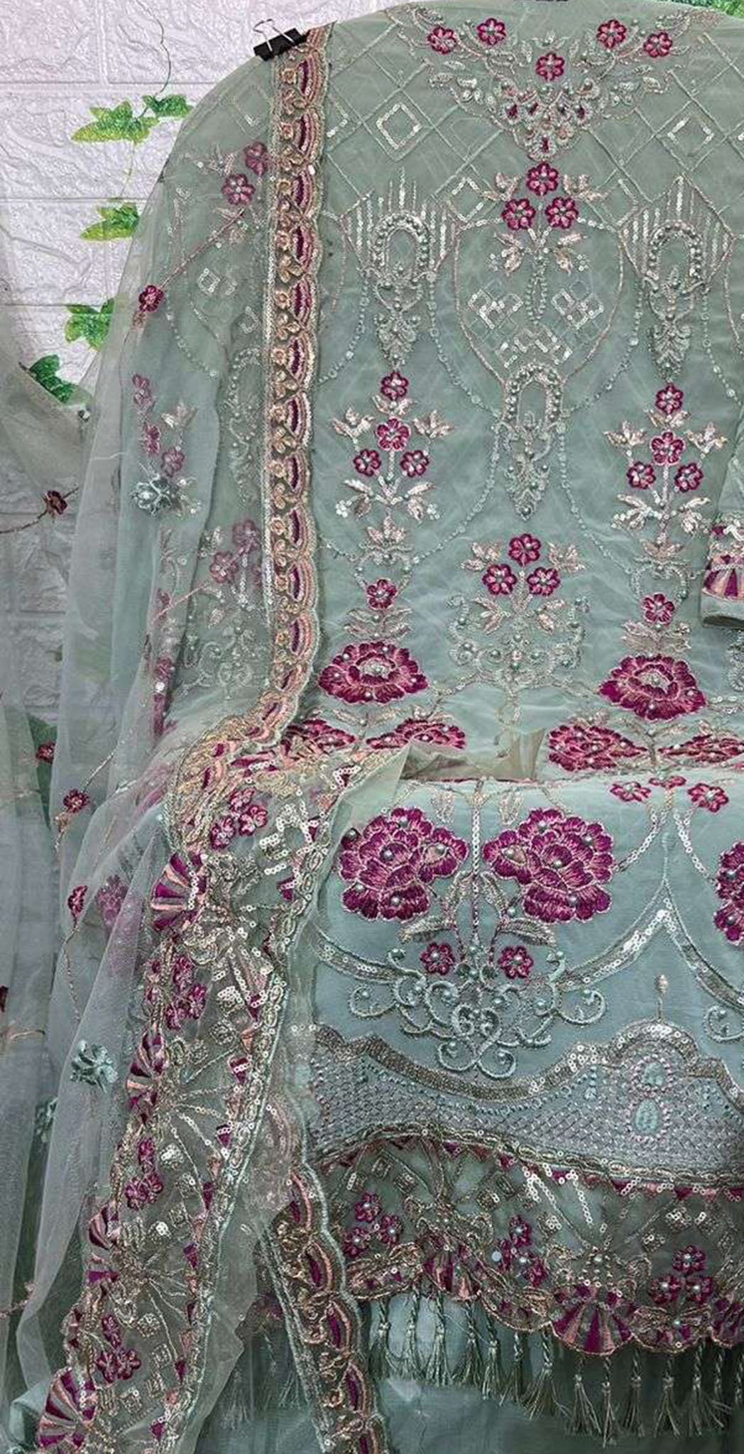 Pista green georgette embroidered dress material