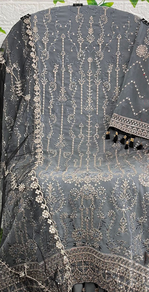 Women butterfly net embroidery unstitched salwar set