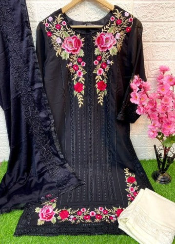 Women black embroidered georgette ready to wear salwar set