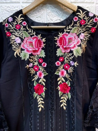 Women black embroidered georgette ready to wear salwar set