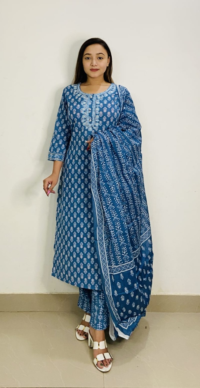 Women cotton blue dabu Printed straight Kurta with trouser & With Dupatta
