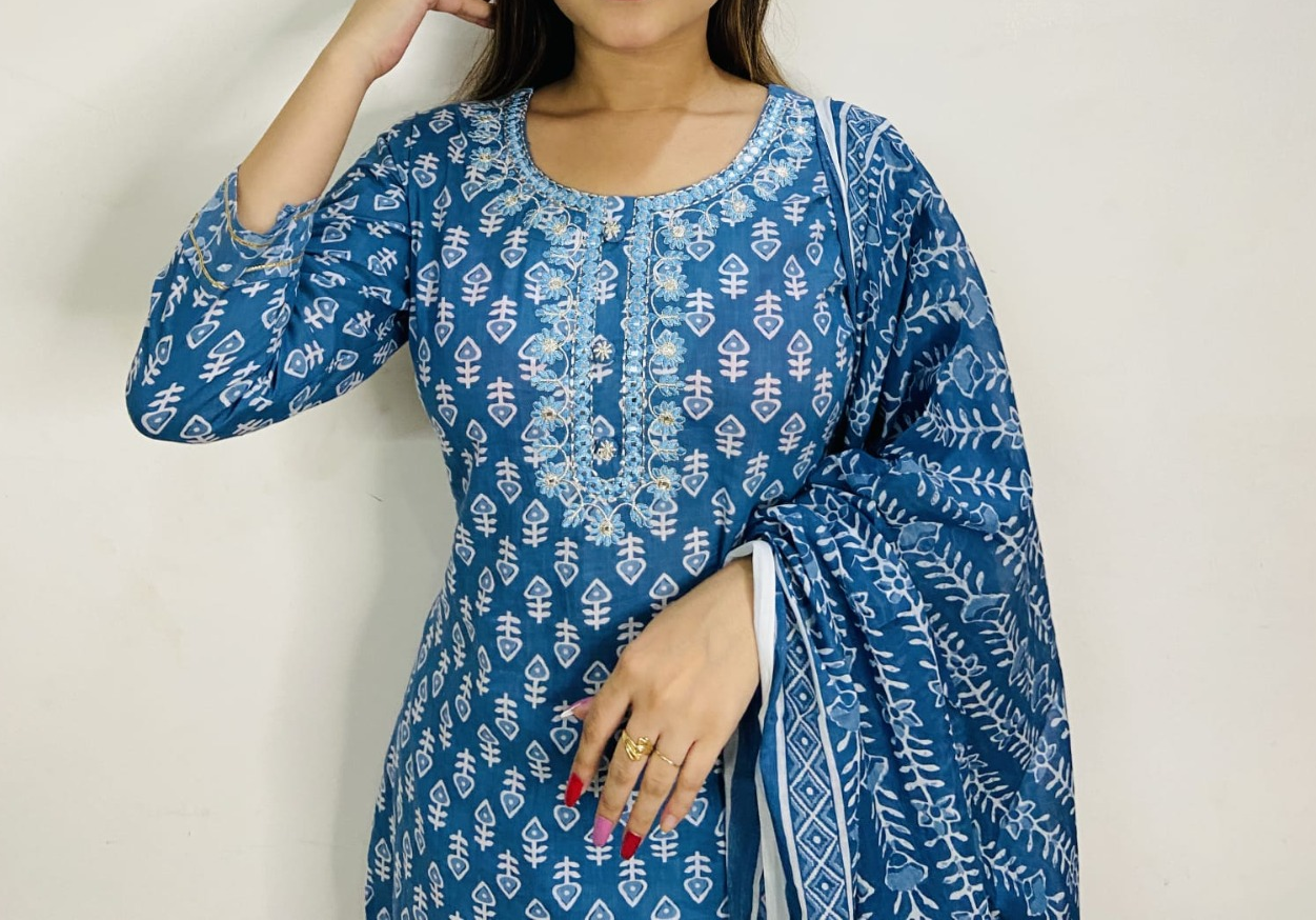Women cotton blue dabu Printed straight Kurta with trouser & With Dupatta