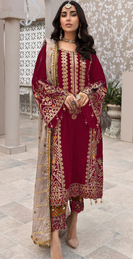 Women dark pink georgette embroidered semistitched salwar set