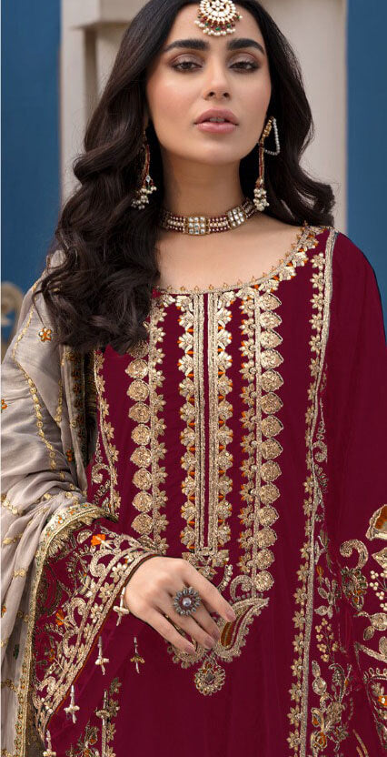 Women dark pink georgette embroidered semistitched salwar set