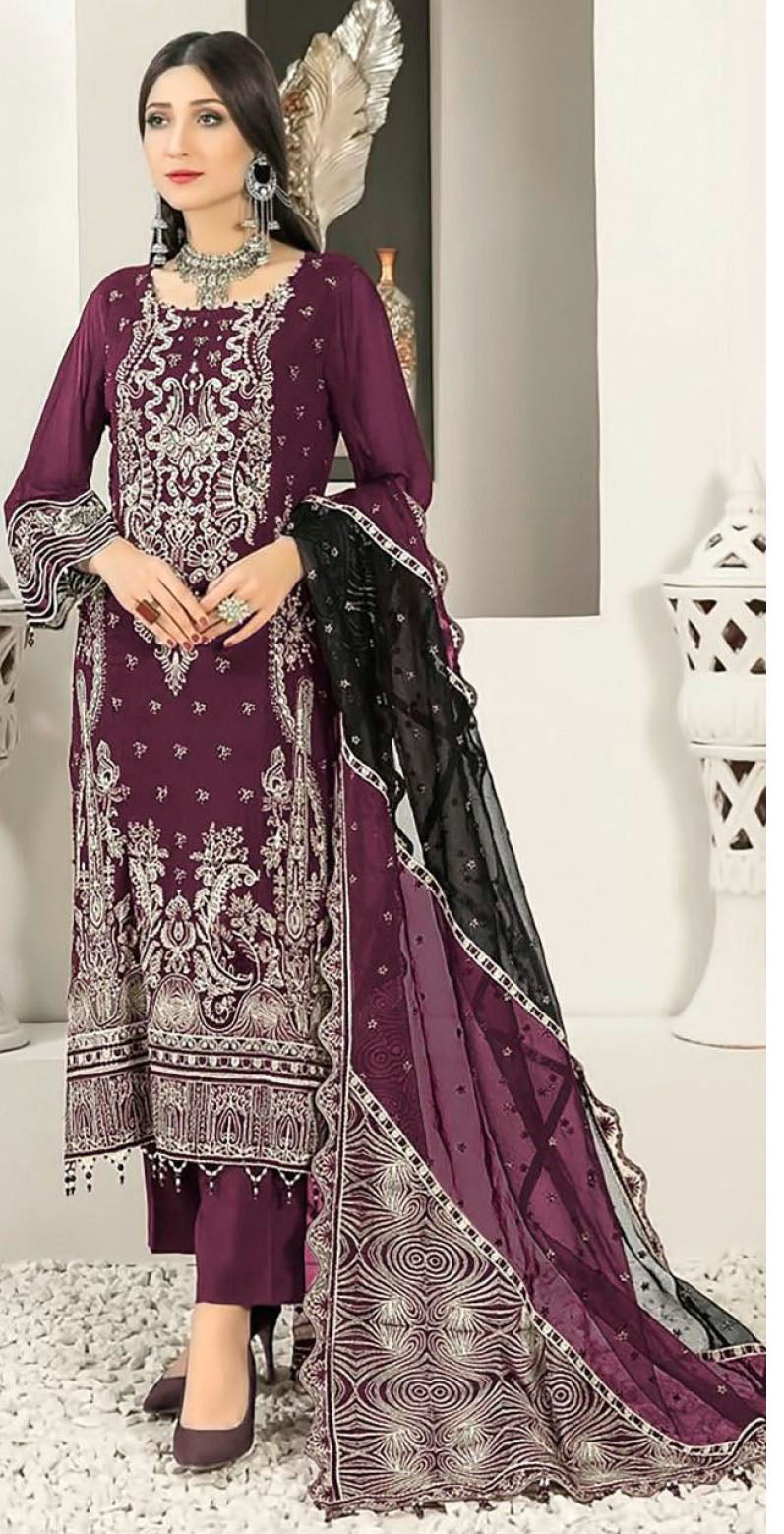 Women wine embroidered fox georgette semi stitched salwar set