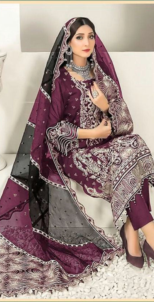 Women wine embroidered fox georgette semi stitched salwar set