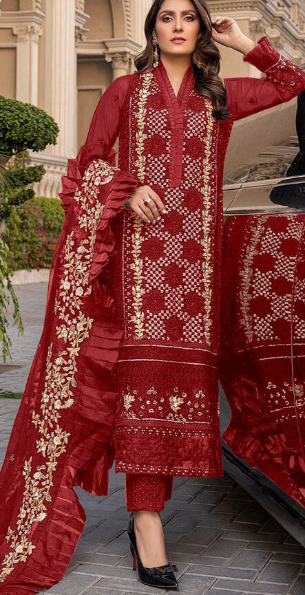 Women maroon embroidered georgette semistitched salwar set