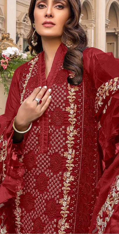 Women maroon embroidered georgette semistitched salwar set