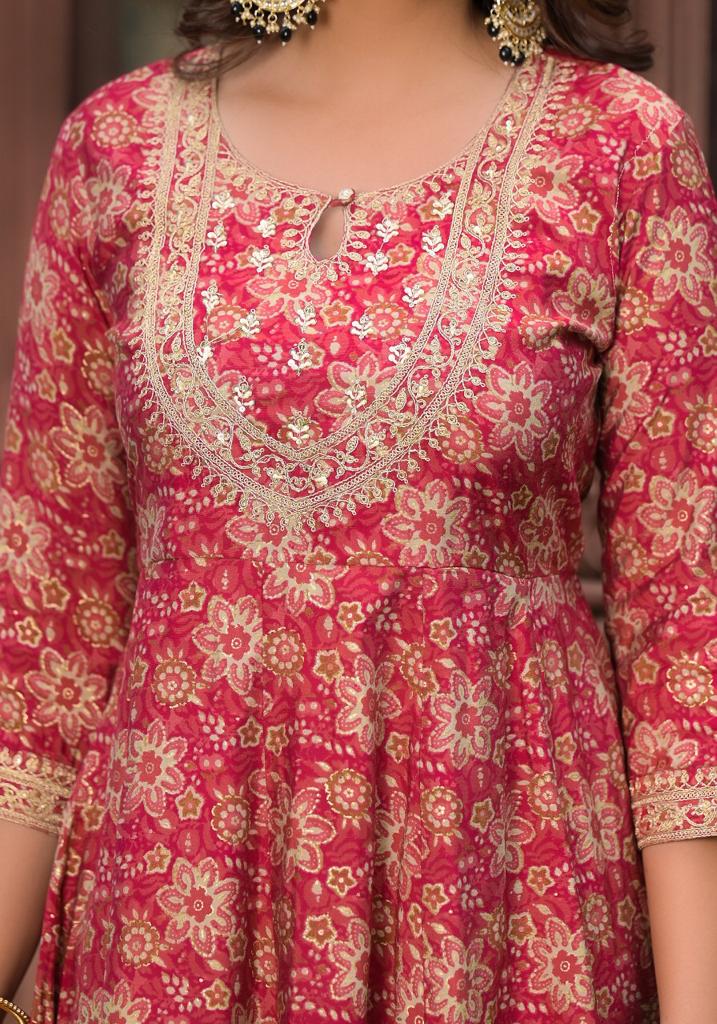 Muslin pink printed anarkali suit set