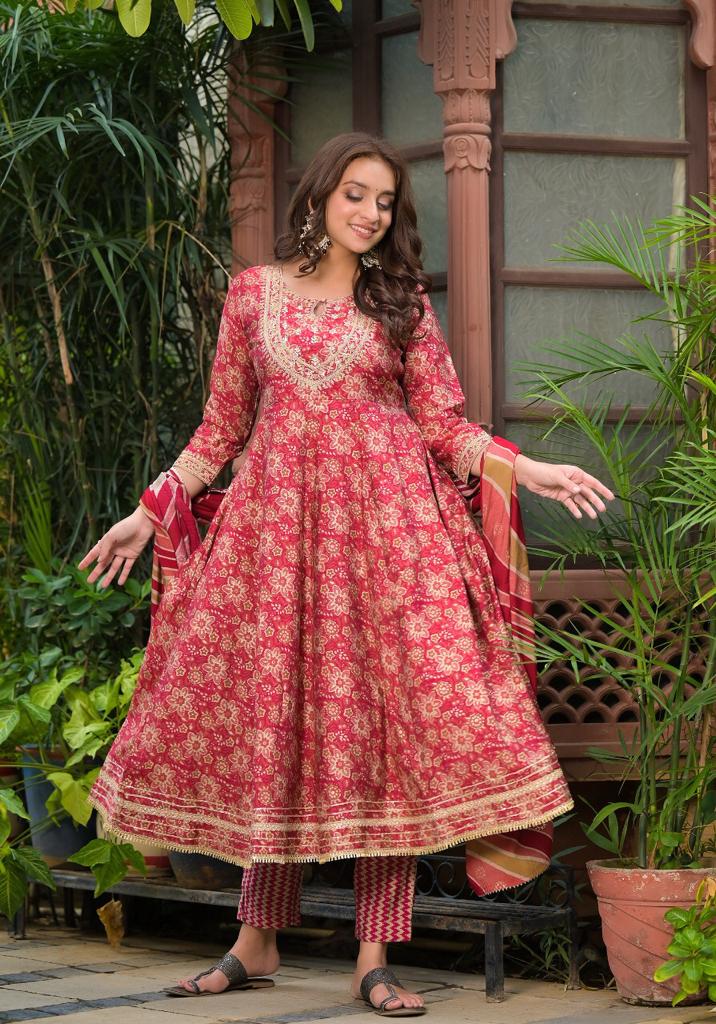 Muslin pink printed anarkali suit set