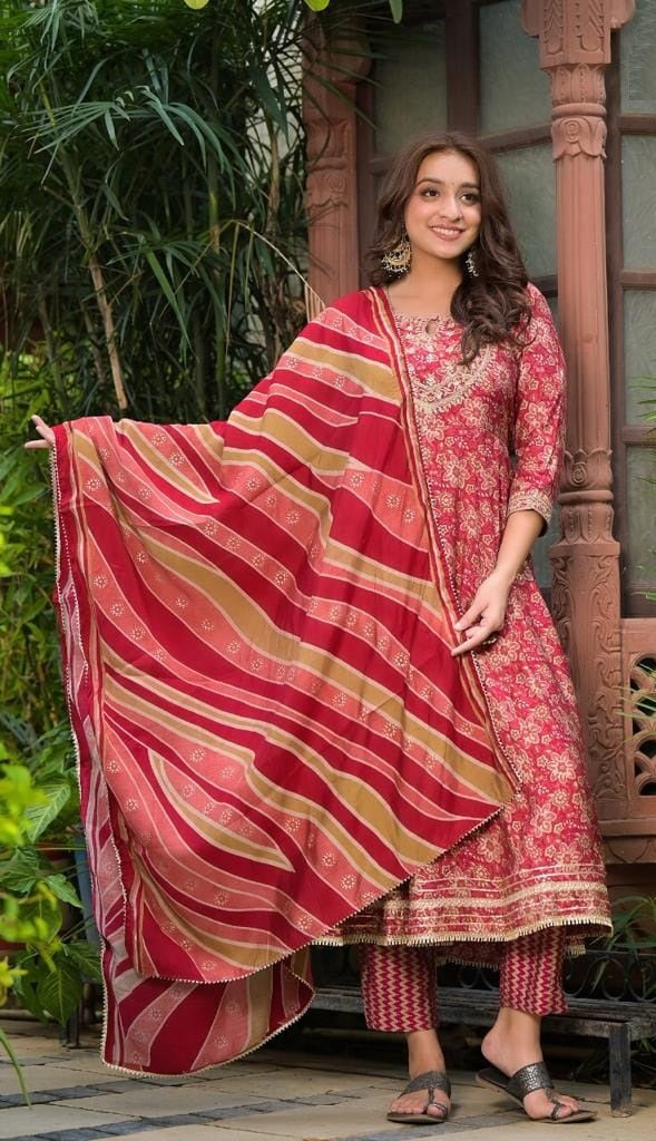 Muslin pink printed anarkali suit set