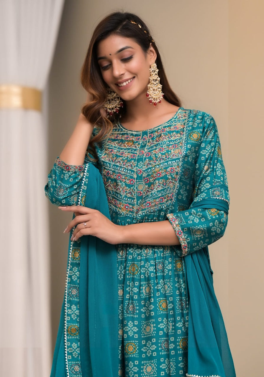 Women muslin teal blue Printed nairacut embroidered Kurta with trouser & With Dupatta