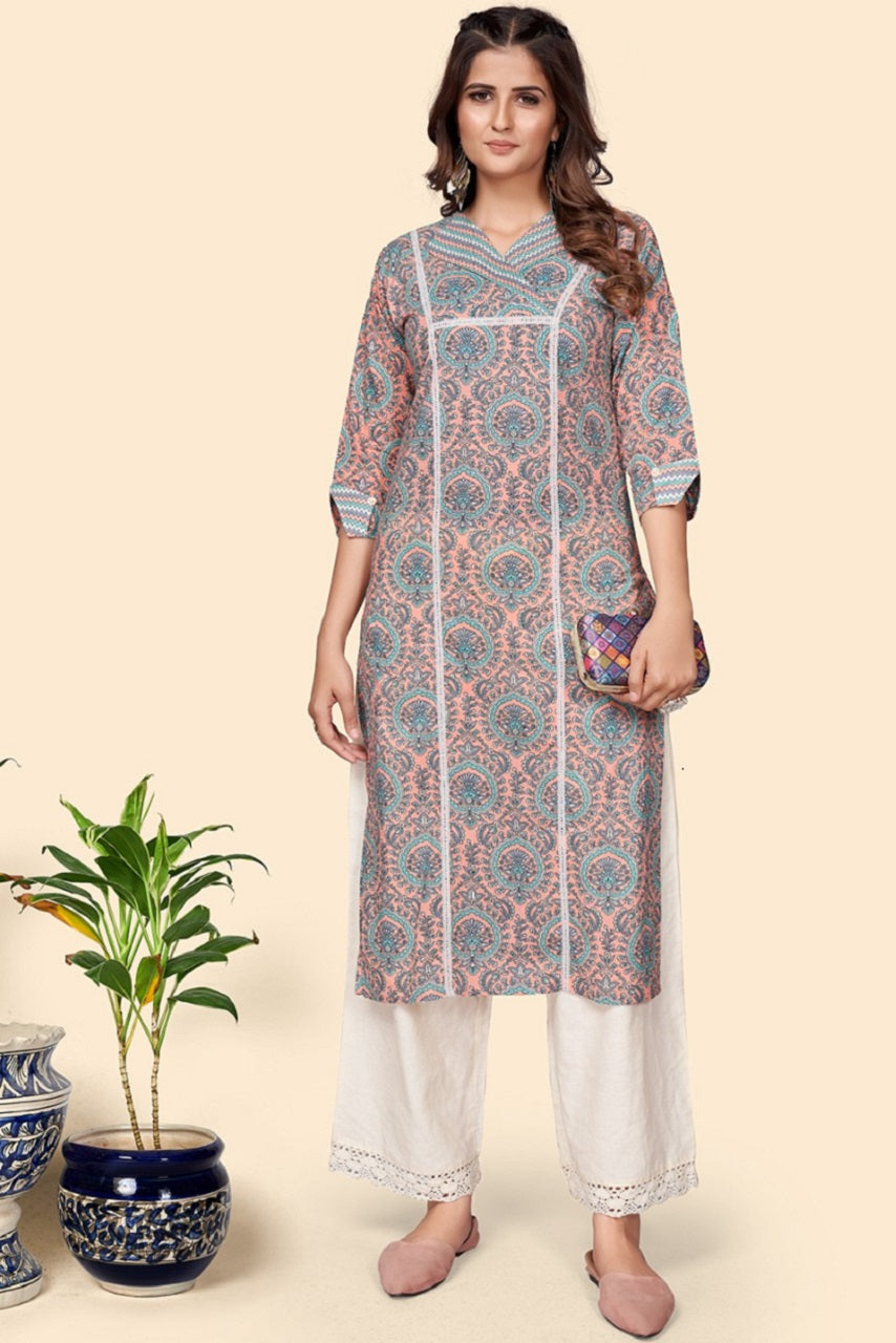 Women peach & blue Floral Printed Pure Cotton Kurta