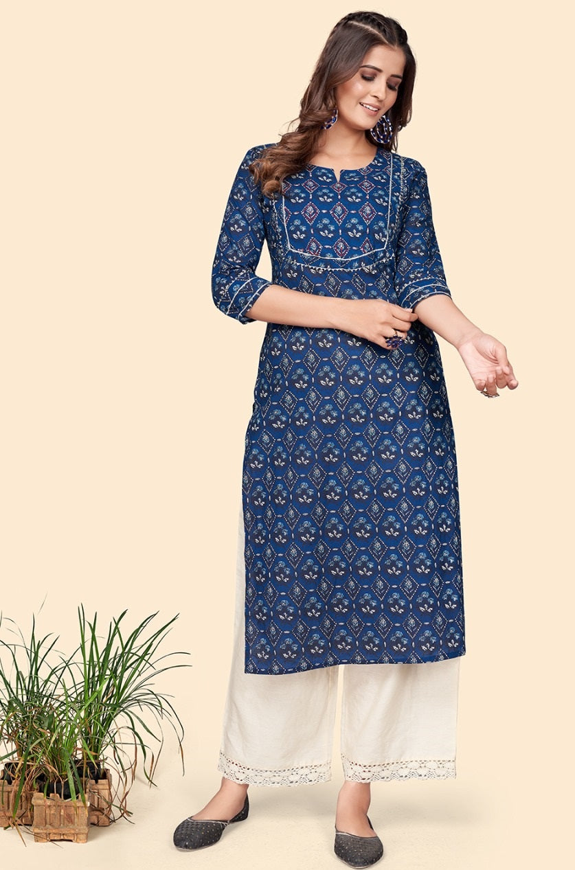 Blue printed cotton Kurta