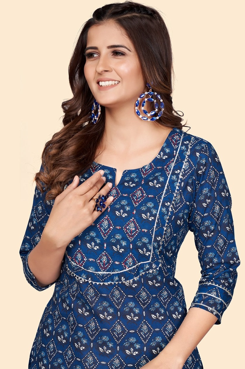 Blue printed cotton Kurta