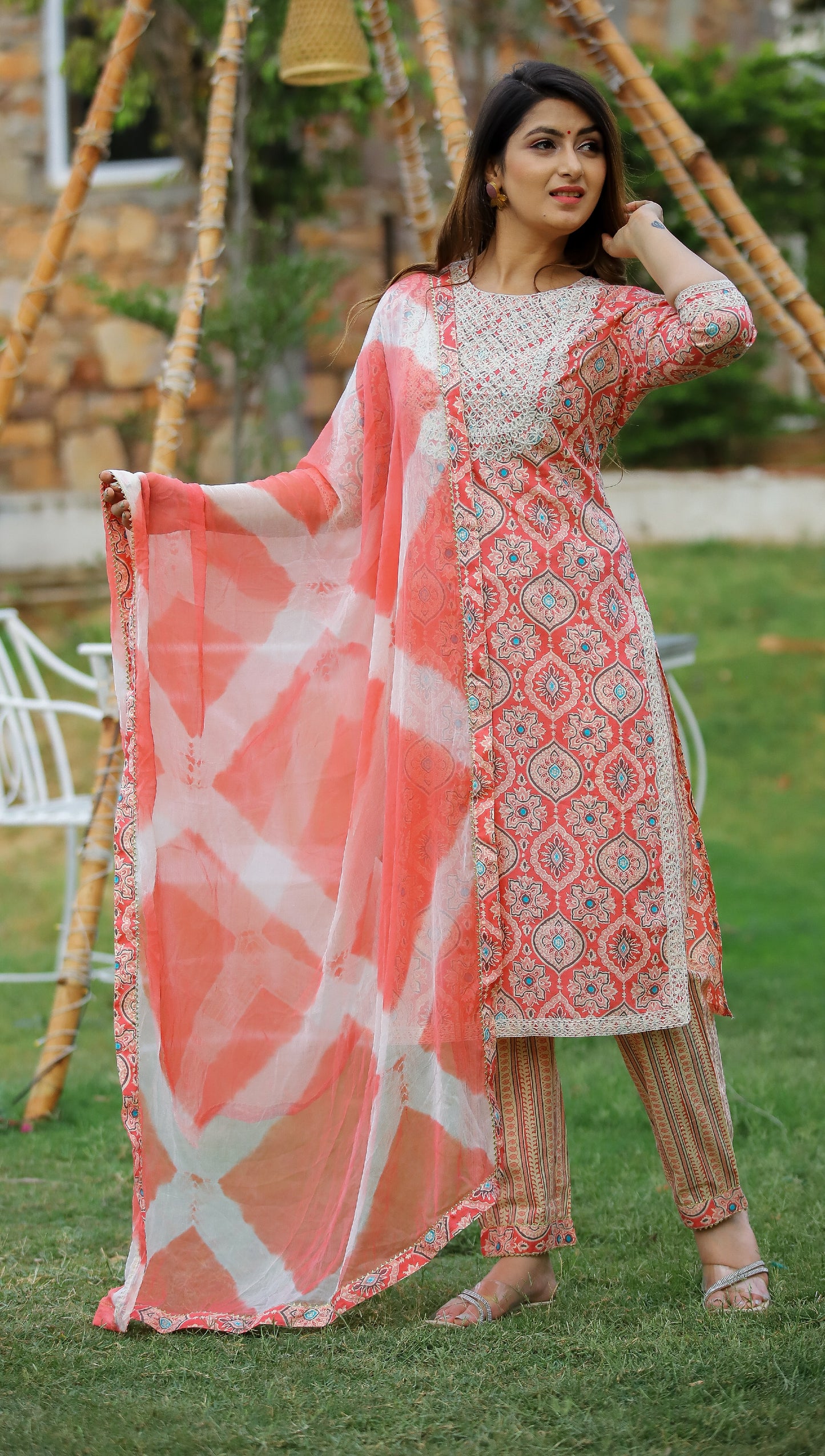 Women cotton peach Printed and embrodiered straight Kurta with trouser and dupatta in mulmul