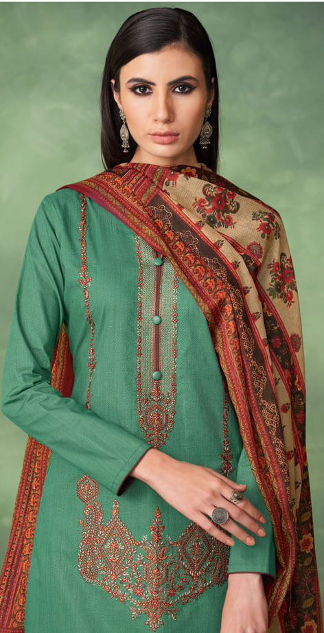 Brown cotton jam satin with heavy neck embroidered unstitched salwar set  shifli work in daman