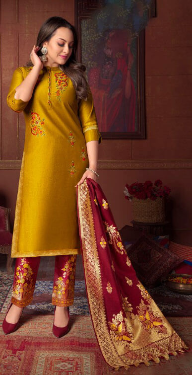 Women Bemberg Silk Fabric with Heavy Handwork and Jacquard Lace semi stitched salwar set