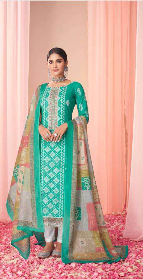 Turquoise green cotton lawn digital print with heavy neck & daman embroidered unstitched salwar set
