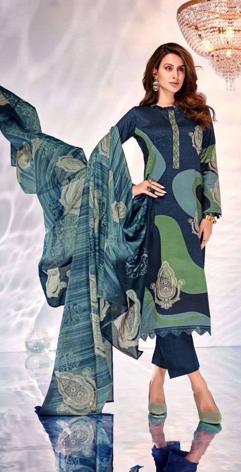 Women pure viscose jam satin digital print with heavy neck and daman embroidery unstitched salwar set