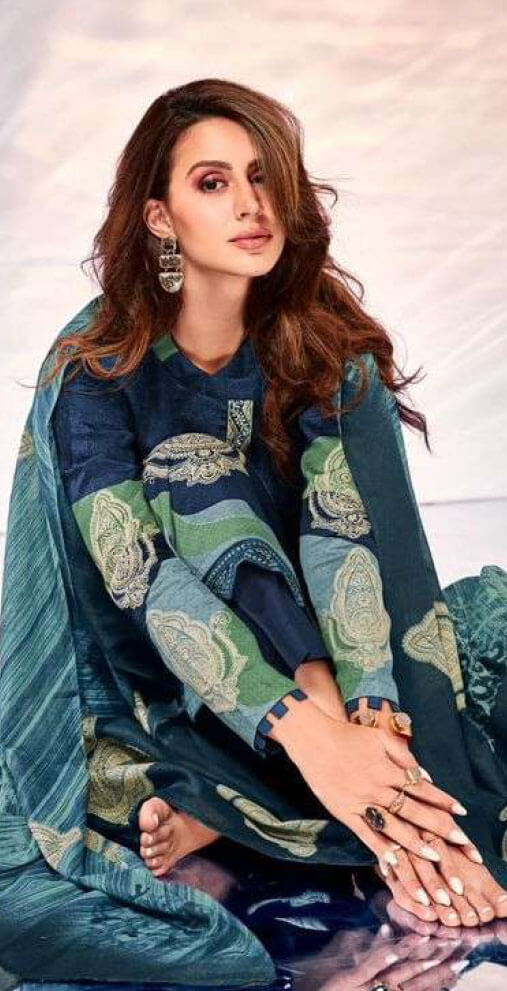 Women pure viscose jam satin digital print with heavy neck and daman embroidery unstitched salwar set