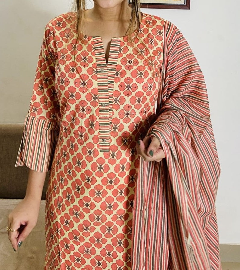 Women cotton coral orange Printed straight Kurta with trouser & With Dupatta