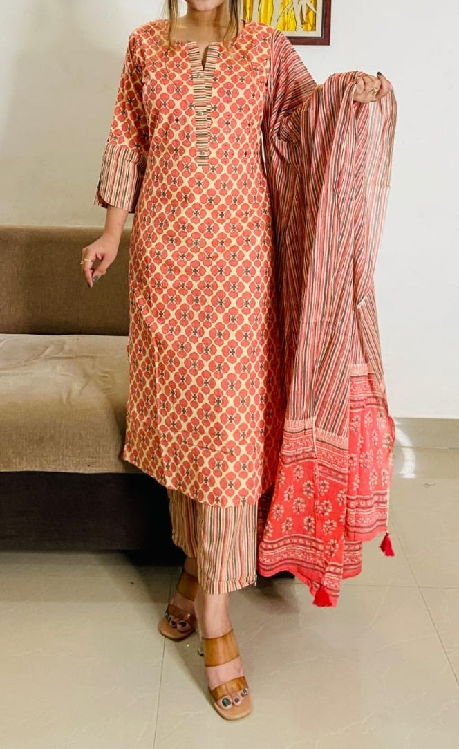 Women cotton coral orange Printed straight Kurta with trouser & With Dupatta