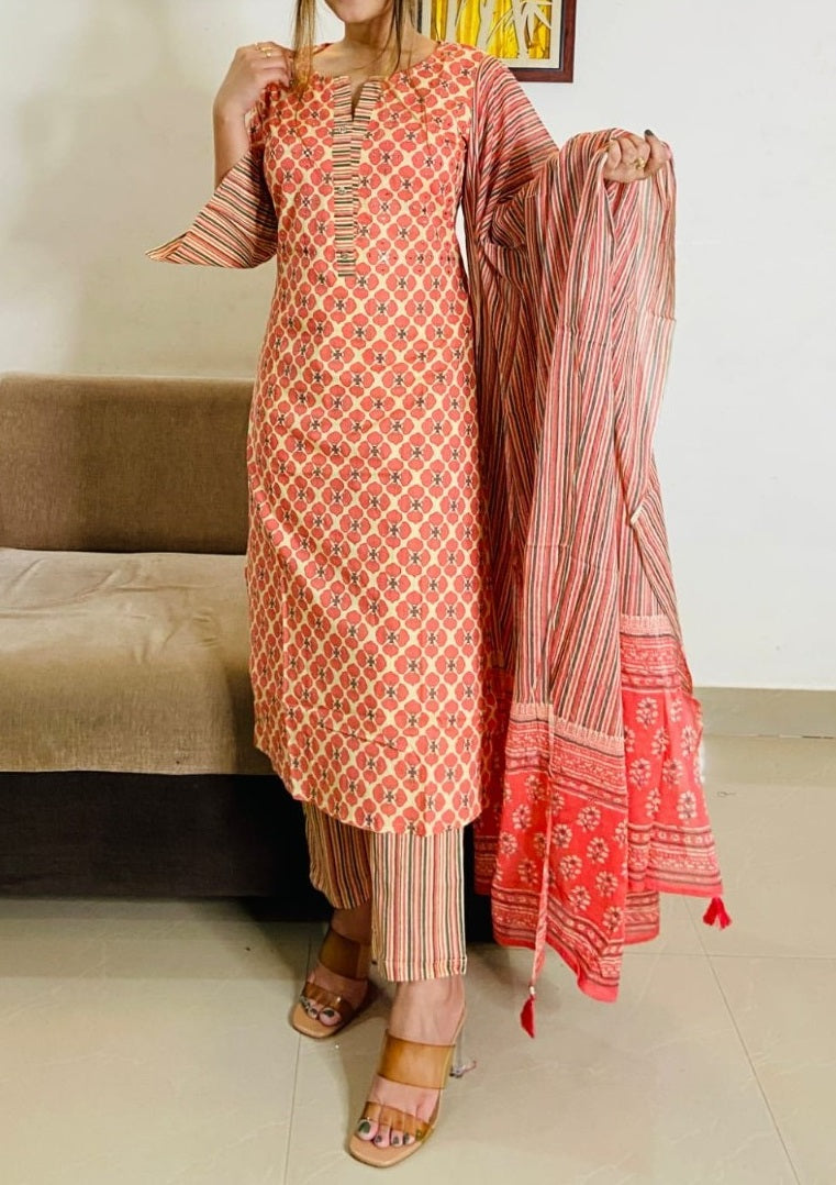Women cotton coral orange Printed straight Kurta with trouser & With Dupatta