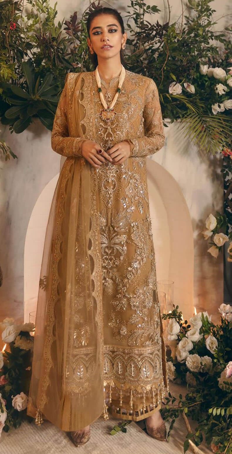 Camel fox georgette embroidered semi stitched dress material