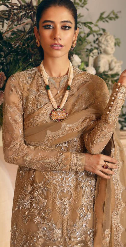 Camel fox georgette embroidered semi stitched dress material