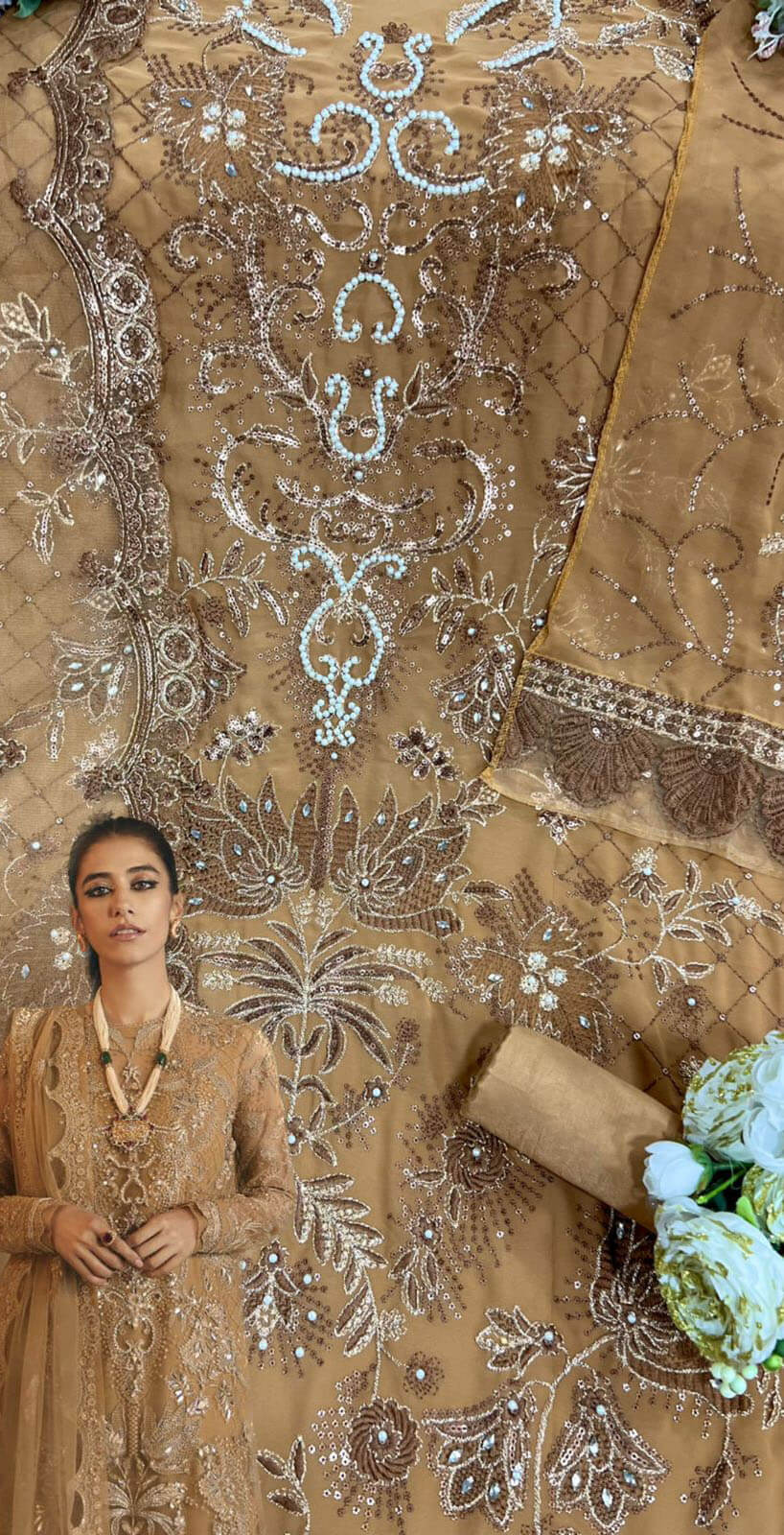 Camel fox georgette embroidered semi stitched dress material